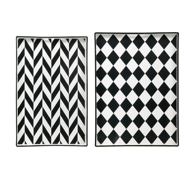 Black & White Patterned set of 2 rectangular trays