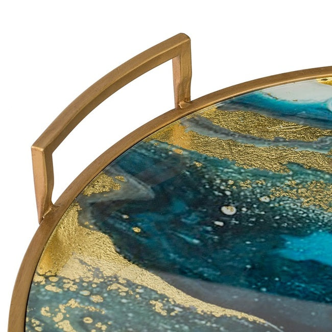 Abstract Blue & Gold Mirror Round Tray with handles
