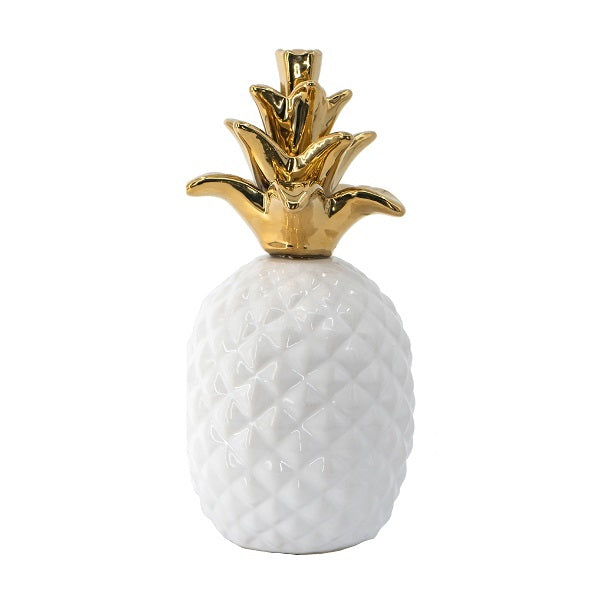 White Pineapple Ornament with a Gold Crown 17cm. With a gold crown