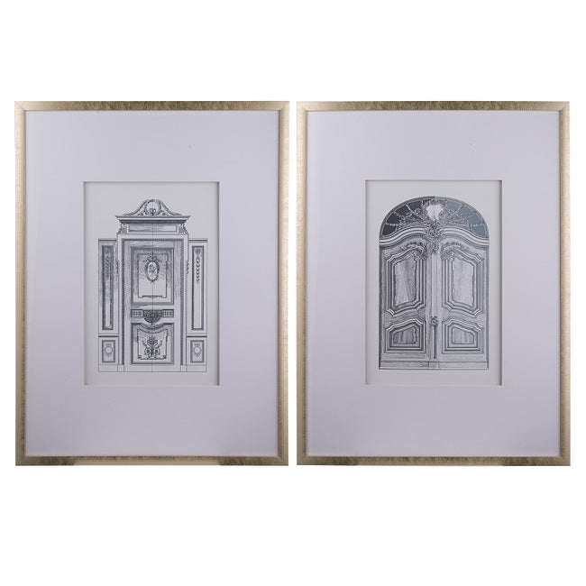 Ornate Doors Fake Pencil Wall Art set of 2. Classic architecture. Intricate renderings