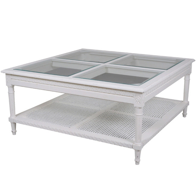 Polo Square Coffee Table White Flat Packed 110. Hamptons style white coffee table with rattan shelf and elegant 4 panel glass top