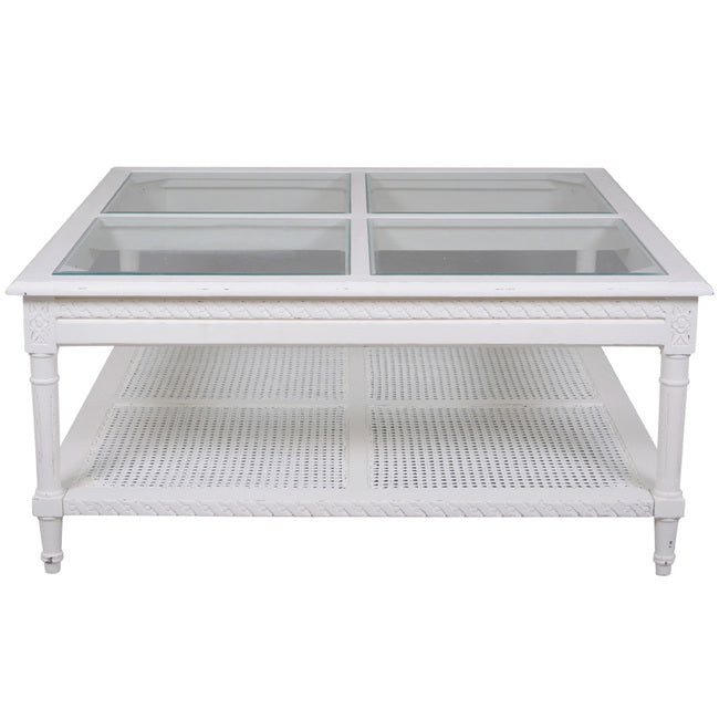 Polo Square Coffee Table White Flat Packed 110. Hamptons style white coffee table with rattan shelf and elegant 4 panel glass top
