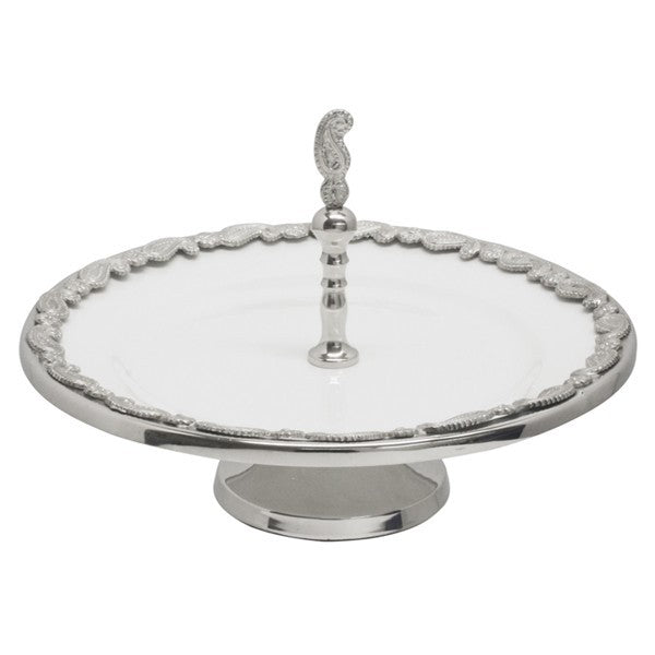 Paisley 1 Tier Stand. Nickle paisley border.   Polished nickle pedastool base and paisley feature handle for convenience when carrying.